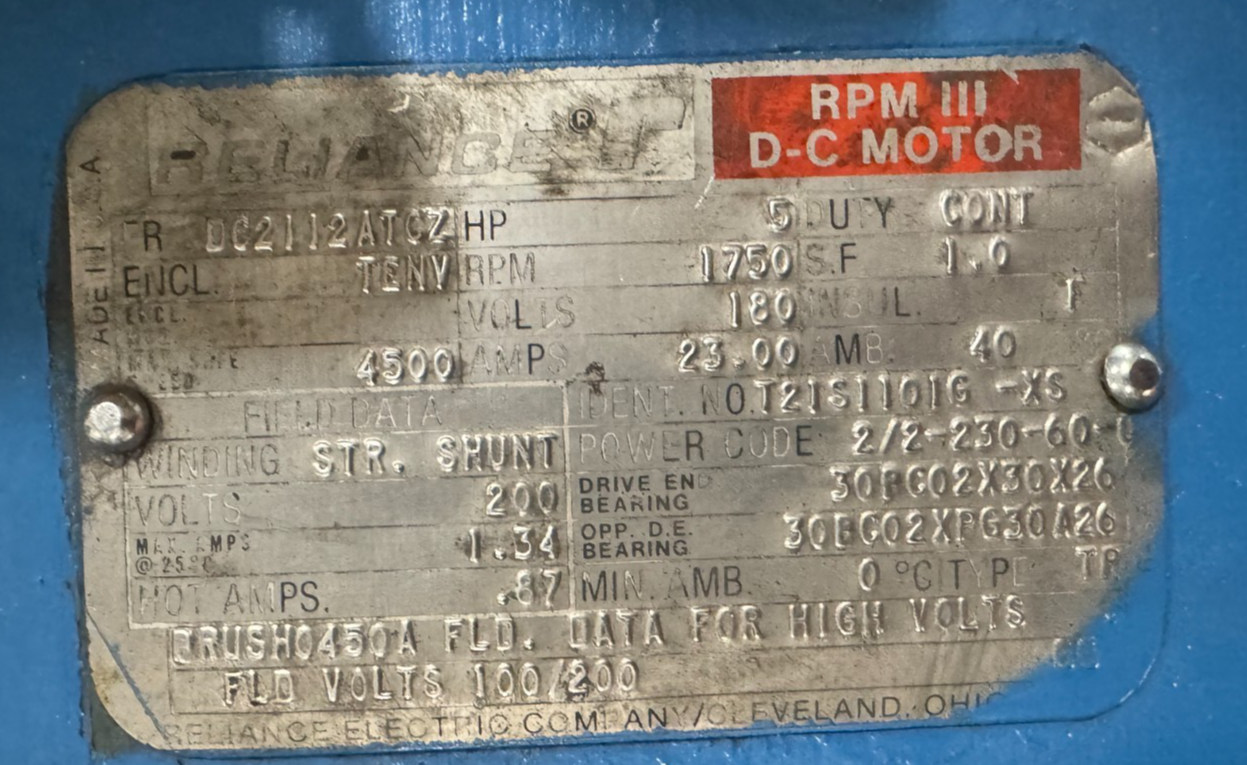 RELIANCE RPM III DC MOTOR ZA1 5 HP MODEL T56H1021R-PS 1725 RPM 180 V DC 23 AMP