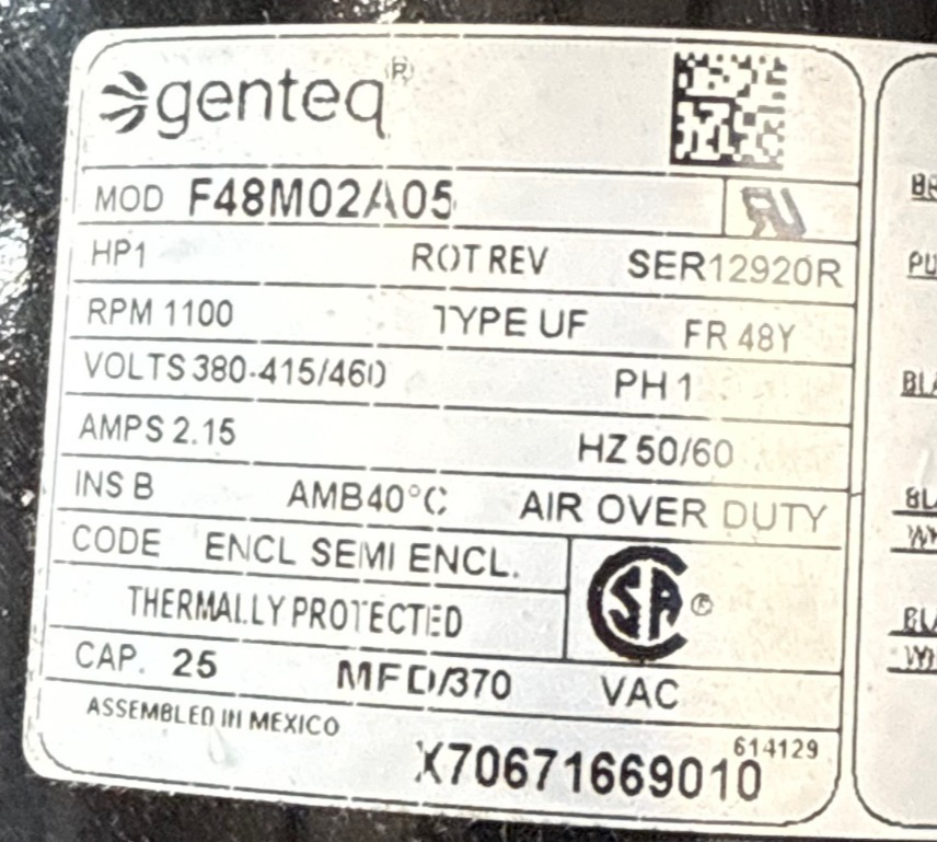 Used GENTEC 1 HP MOTOR XFA6 MODEL F48M02A05 1100 RPM 380-415/460 V 2.15 AMP