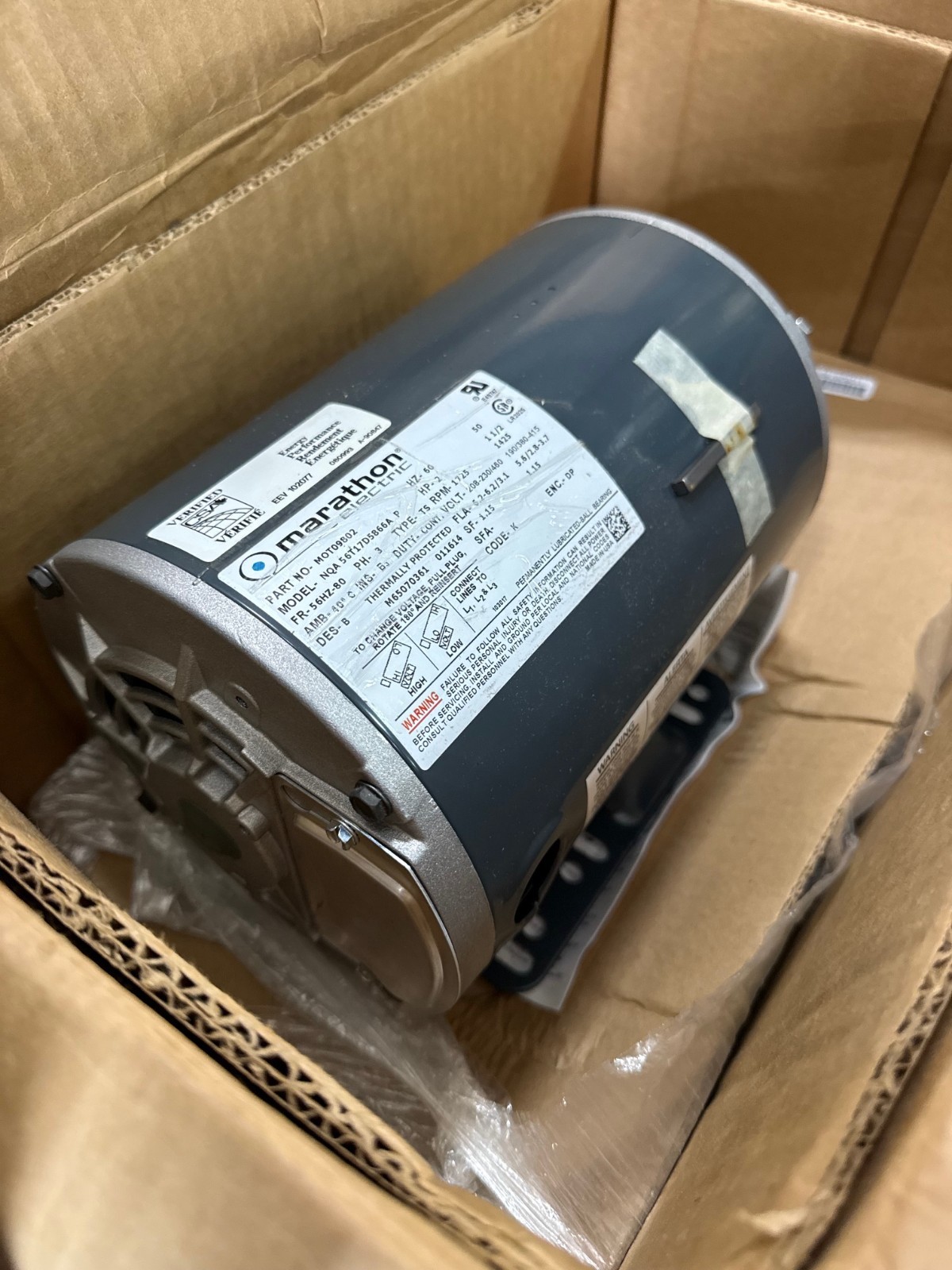 Used MARATHON Motor 2 HP MODEL MOT09802 NQA 56T1 ZF3A ZFA3 1725 RPM 208/230-460 V 3