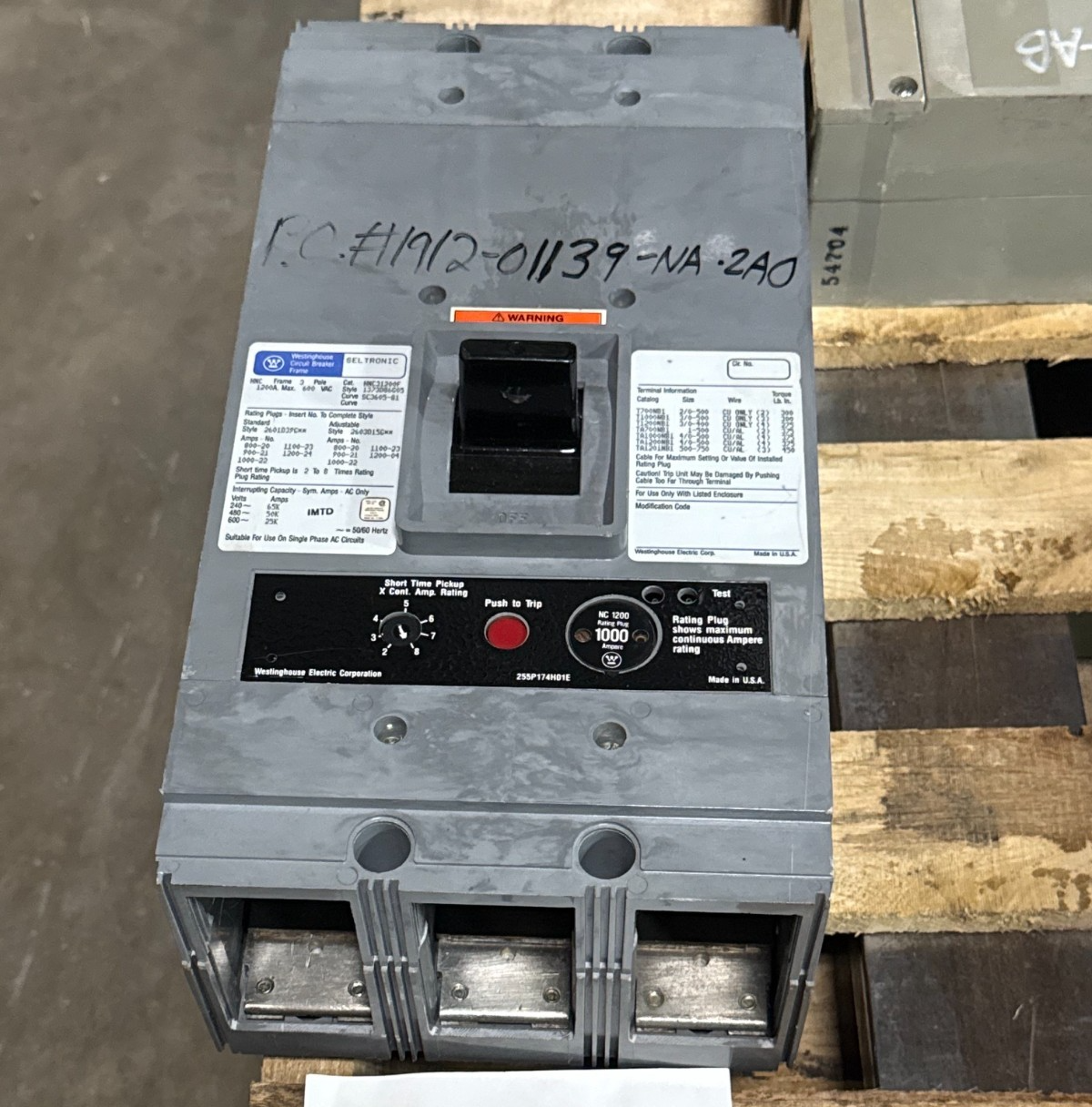 Refurbished WESTINGHOUSE SELTRONIC 1200 AMP BREAKER 2YU7 HNC31200F FRAME HNC 1200A 1KA TRIP
