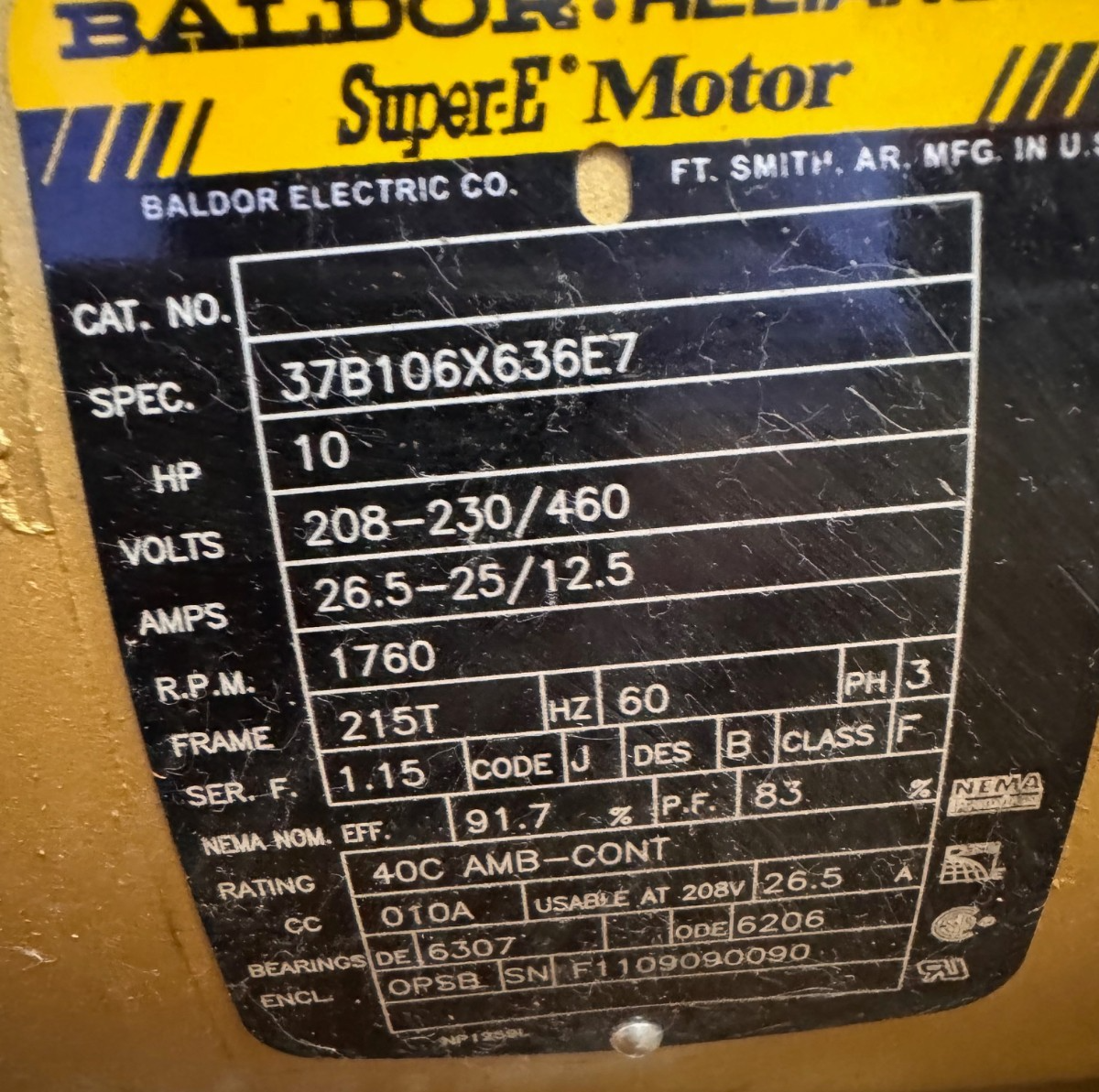 BALDOR SUPER E MOTOR 10 HP MODEL 37B106X636E7 ZK6 1760 RPM 208-230/460V 3 PH