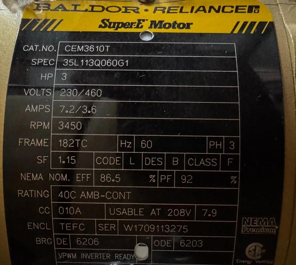 BALDOR MOTOR I2 3 HP M3704T 1150 RPM 208-230/460 V 9.8-10/5.1 AMP 3 PH FR 213T