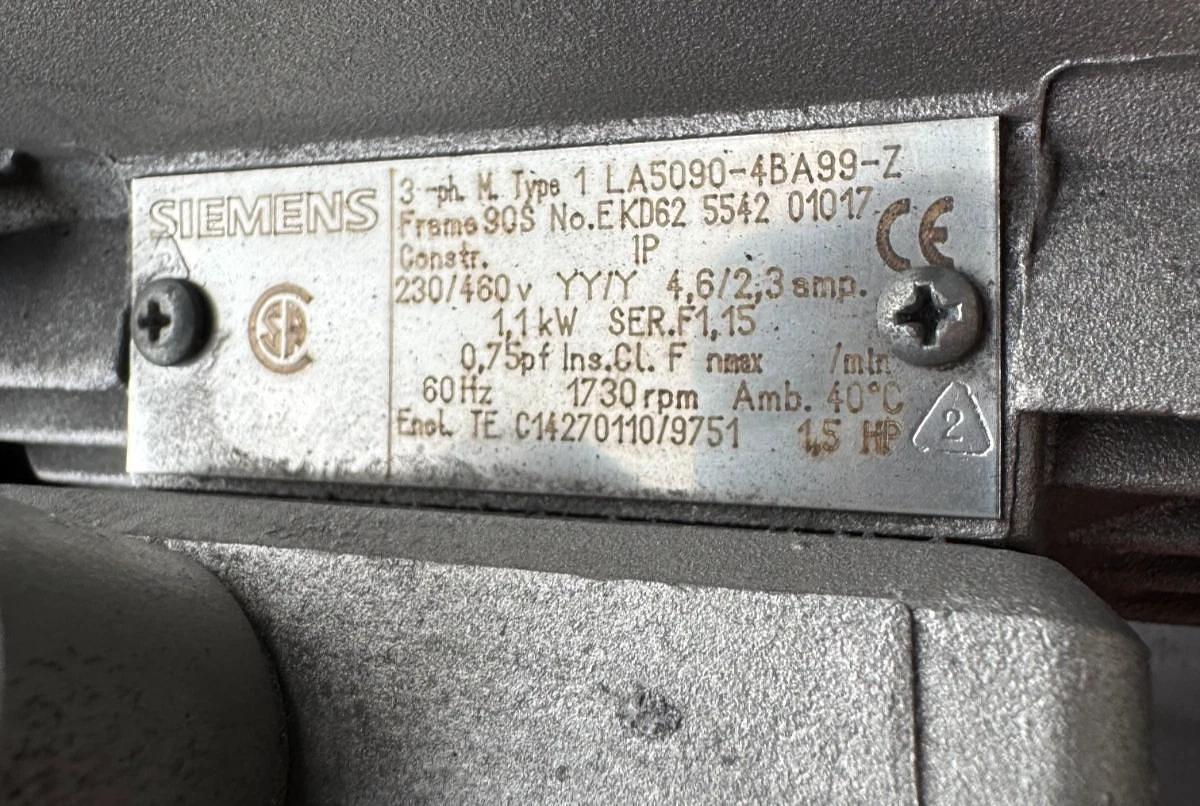 SIEMENS MOTOR CC9 15 HP MODEL LA5090-4BA99-Z 1730 RPM 230/440 V 3 PH 4.6/2.3 AMP