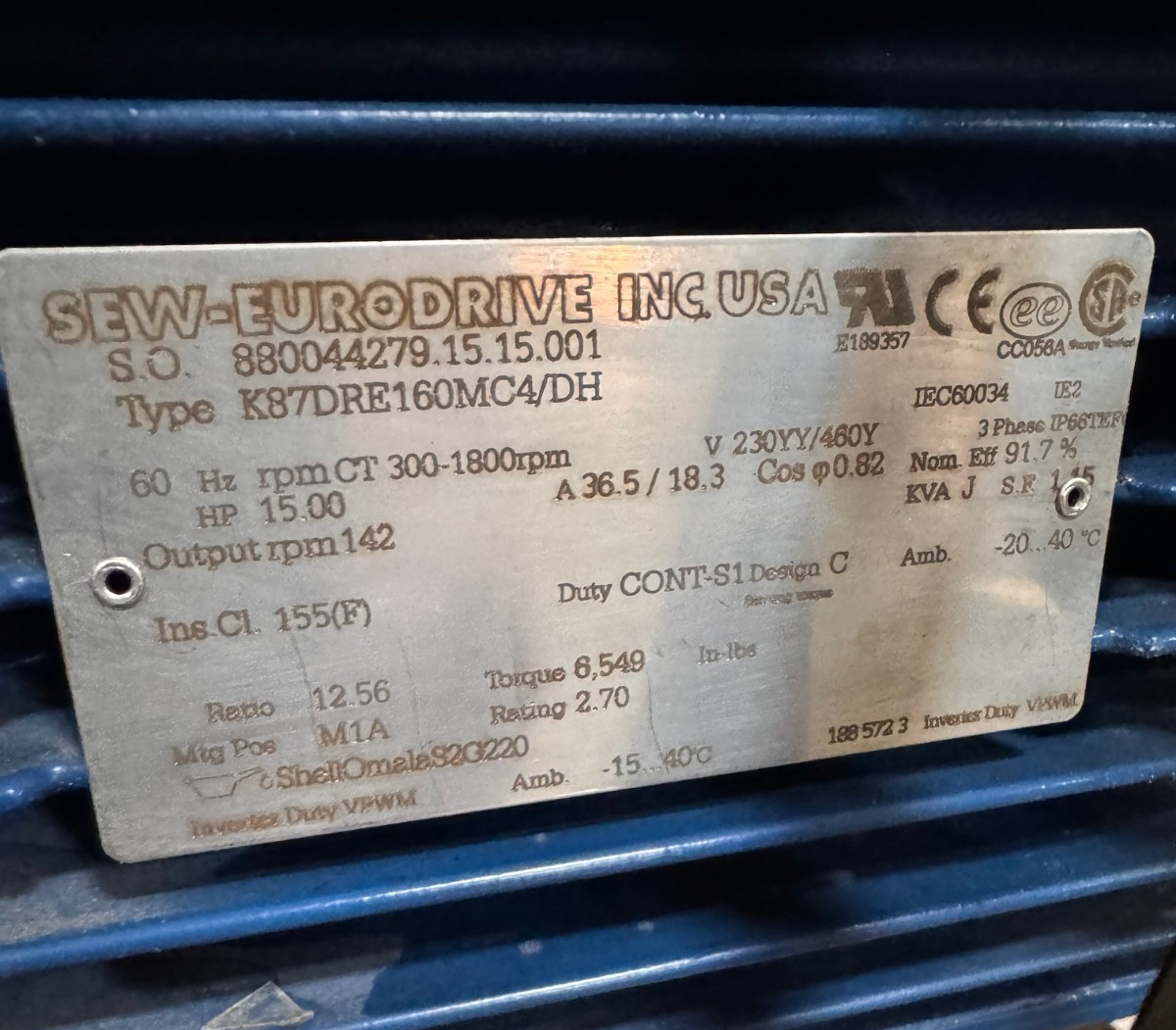 SEW-EURODRIVE GEAR MOTOR 2XD MOD K87DRE160MC4/DH 15 HP 230/460 V 36.5/18,3 AMP