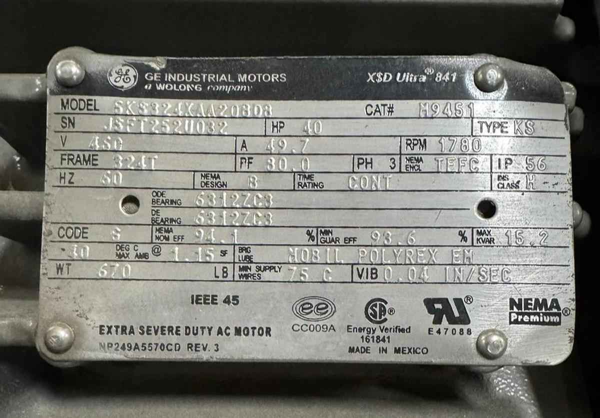 GE Motor 40 HP MODEL 5K3324XAA20808 EXTRA SEVERE DUTY VA1 1780 RPM 480 V 49.7 A