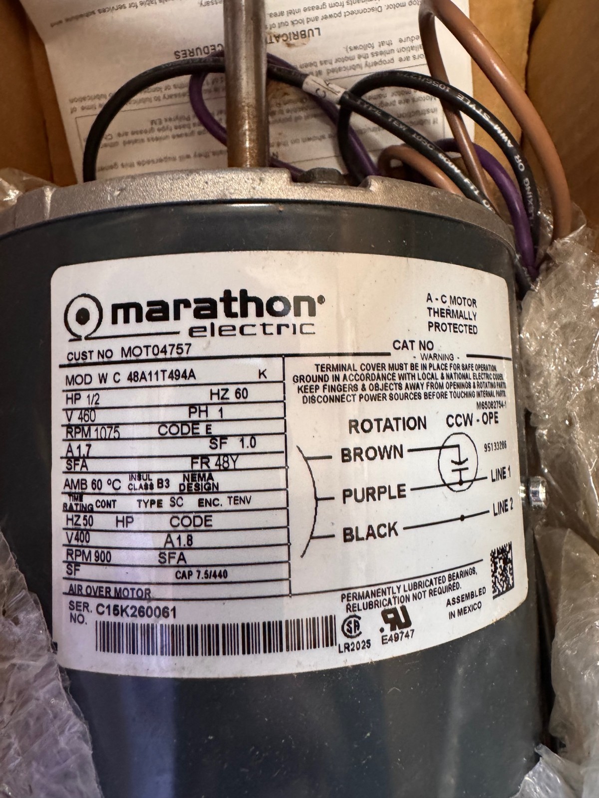 MARATHON Motor 1/2 HP MODEL MOT04767 LWC48A11T494 ZH3 ZL5 1075 RPM 460 V 1 PH