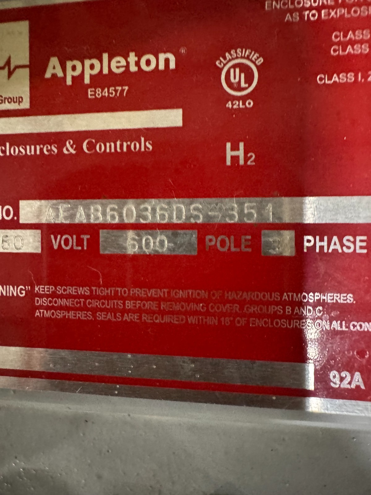 APPLETON EGS EXPLOSION PROOF BREAKER V53 60 AMP 600 V 3 POLE 3 PH AEAB6036DS-351