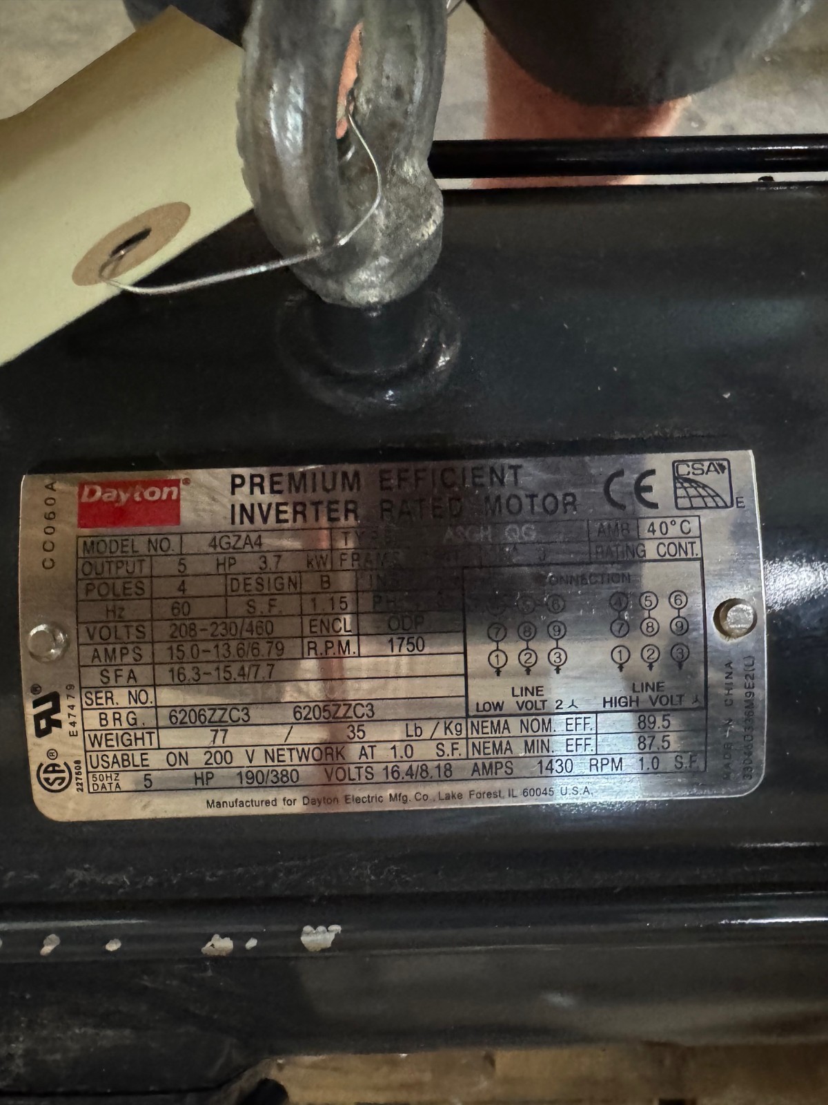 Dayton Inverter Rated Motor 5 HP MODEL 4GZA4 VA13C 1750 RPM 208-230/460 V 15/8