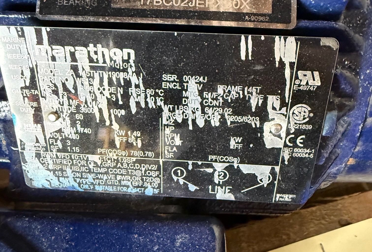MARATHON Motor 2HP VA11EFG MODEL ZA145-THTN19058AAJ 1740 RPM 460 V FRAME 145T
