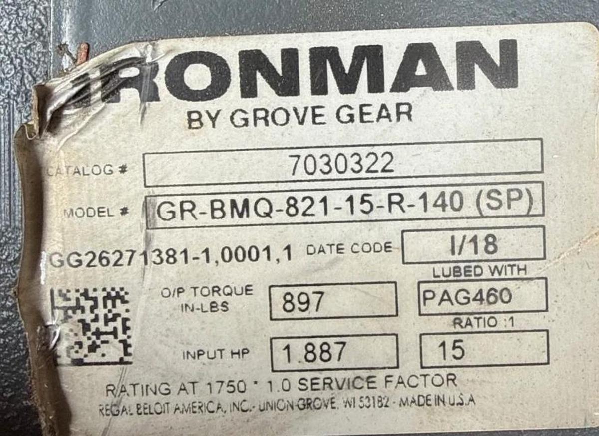 IRON MAN GROVE GEAR REDUCER 1XIJ MOD GR-BMQ-821-15-R-140 SP 1.887 HP 15 TO 1 RAT