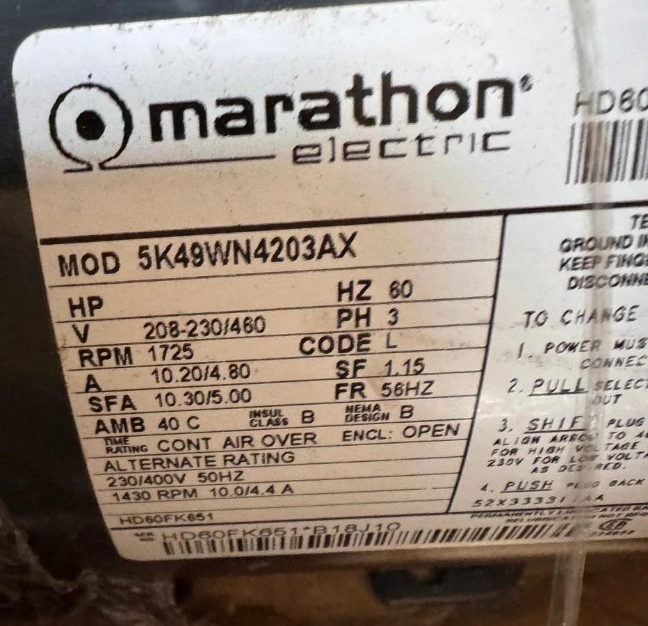 MARATHON Motor 3 HP MODEL HD60FK651 5K49WN4203AX ZK4 1725 RPM 208/230-460 V 3 PH