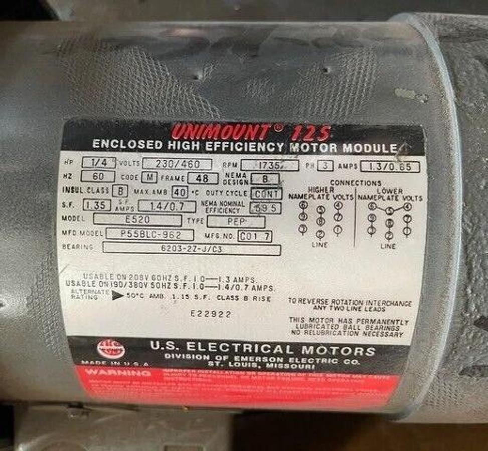 US MOTORS 1/4 HP UNIMOUNT 125 ENCLOSED MOTOR P55BLC-962 W BRAKE 230/460 V 1735
