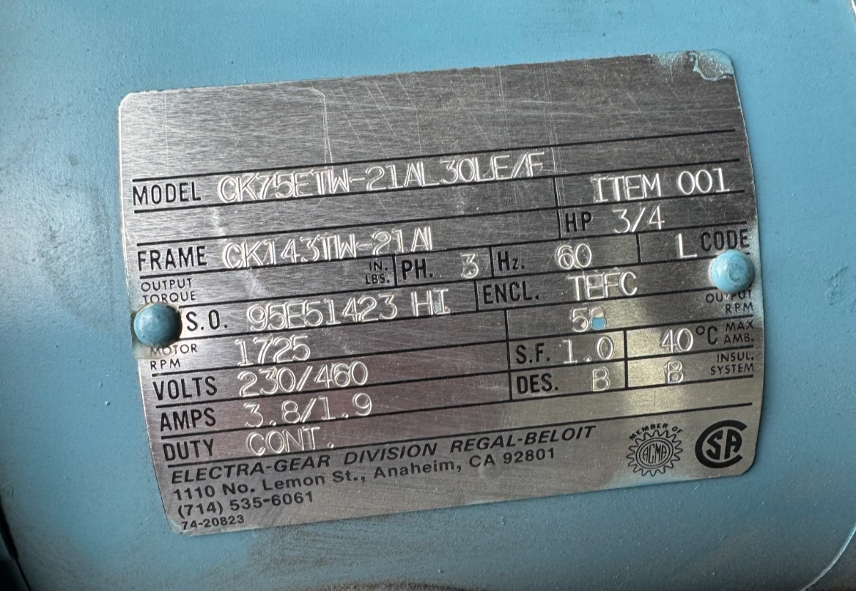 Regal-Beloit Gear Motor CC1 3/4 HP MOD CK75ETW-21AL30LE/F 1725 TO 58 RPM 230/460