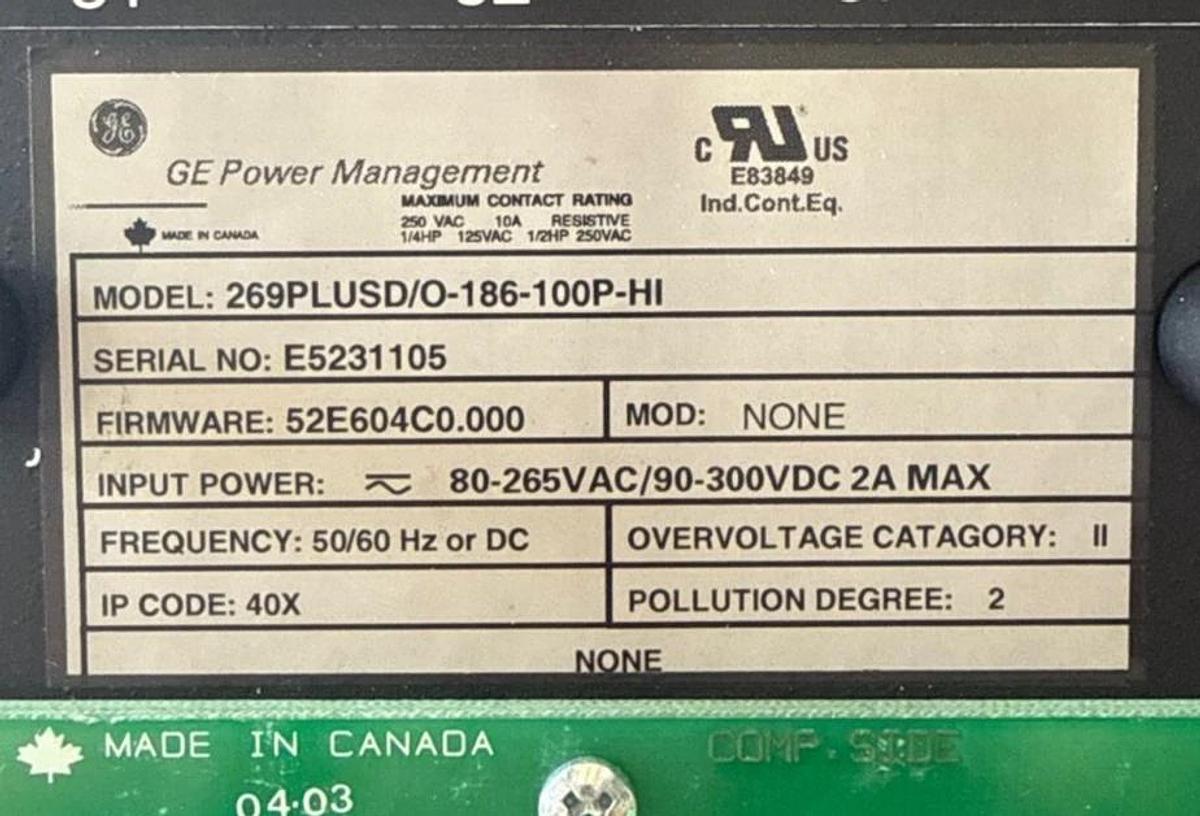 GE Motor Management Relay MODEL 269PLUSD/O-186-100P-HI 1XXD IP CODE 40X