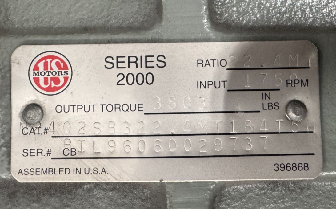 US MOTORS SERIES 2000 Gear Motor FF2MODEL N24S2SB322 5 HP 1750 RPM RATIO 22.4 MT