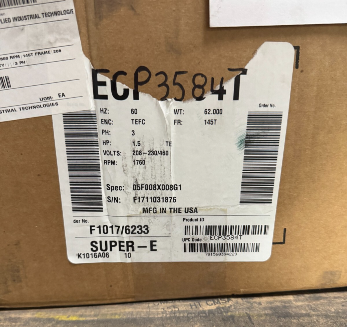 BALDOR MOTOR L6 1 1/2 HP MODEL ECP3584T 1760 RPM 230/460 V 3 PH 4.6-4.2/2.1 AMP