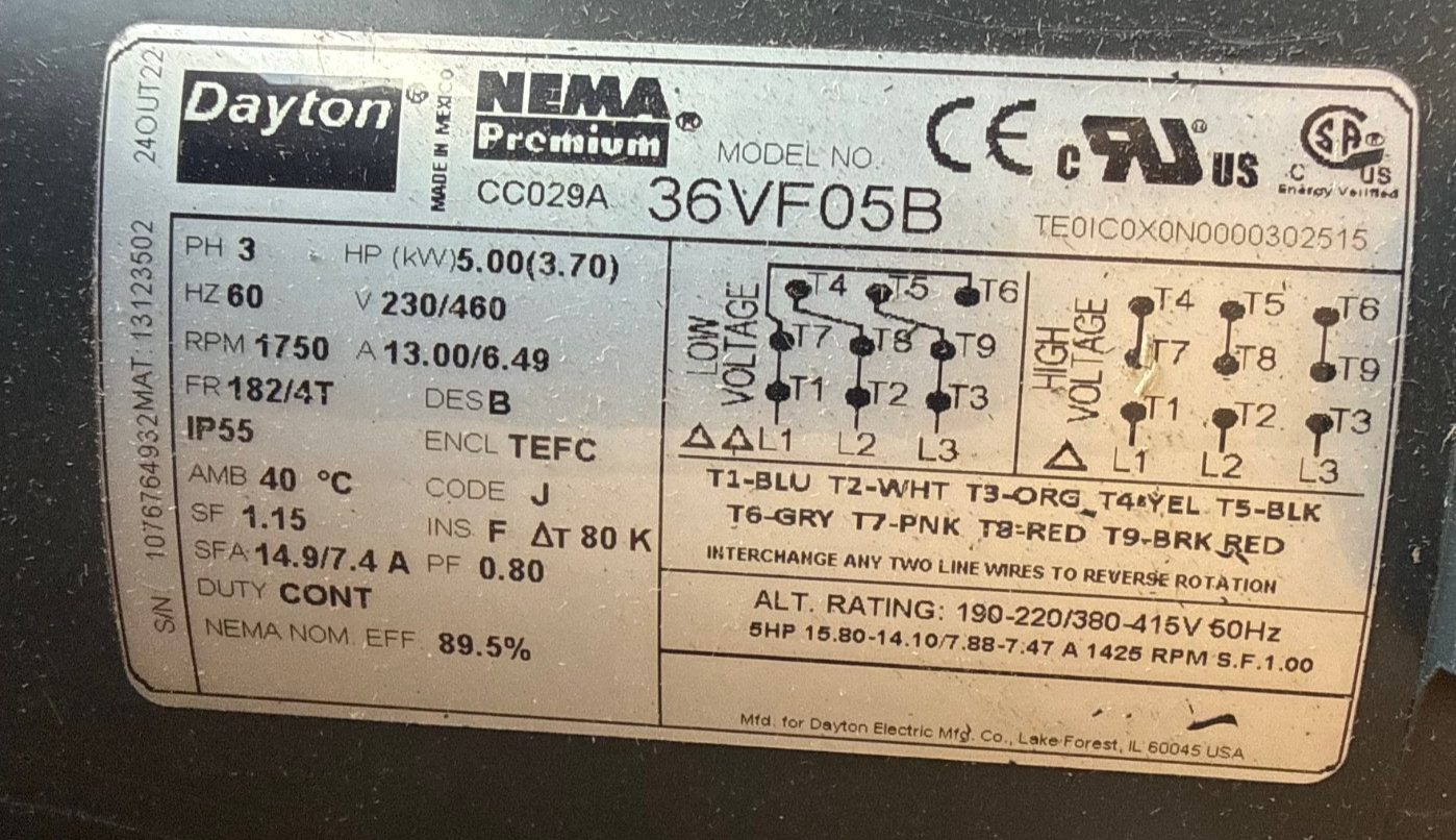 Dayton Motor 5 HP MODEL 36VF05B 2XMA 1750 RPM 208/460 V 15/7.4  AMP 3 PH FRAME 1