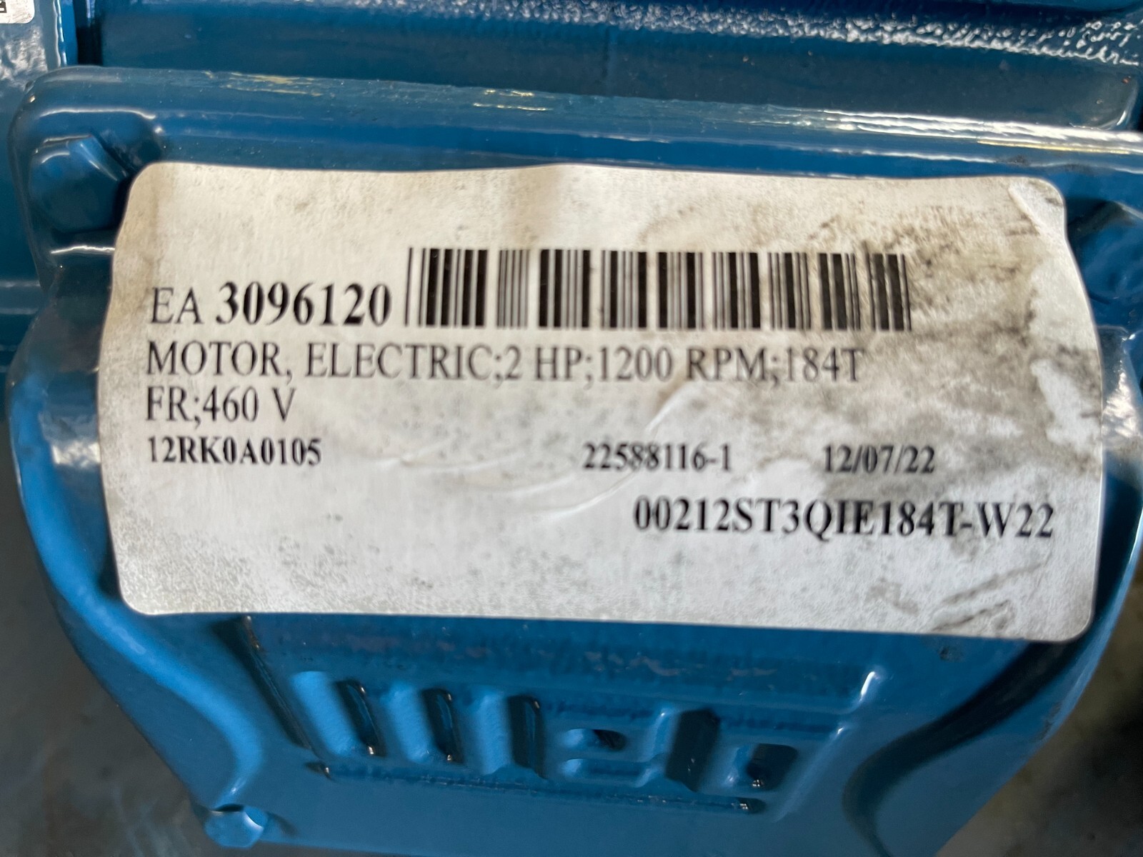 WEG 2 HP MOTOR 1170 RPM 460 V FRAME 182/4T 00212ST3QIE184T-W22