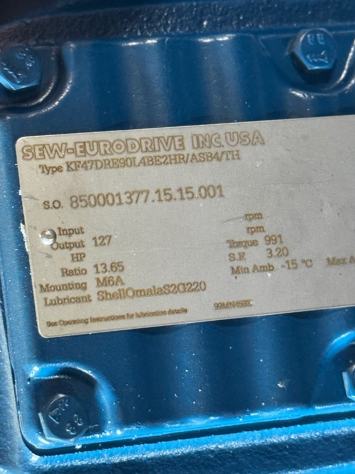 SEW-EURODRIVE GEAR MOTOR WA14 MOD R77DT90S4BMG2HRTHACC4 1740  TO 5-30 RPM 2 HP