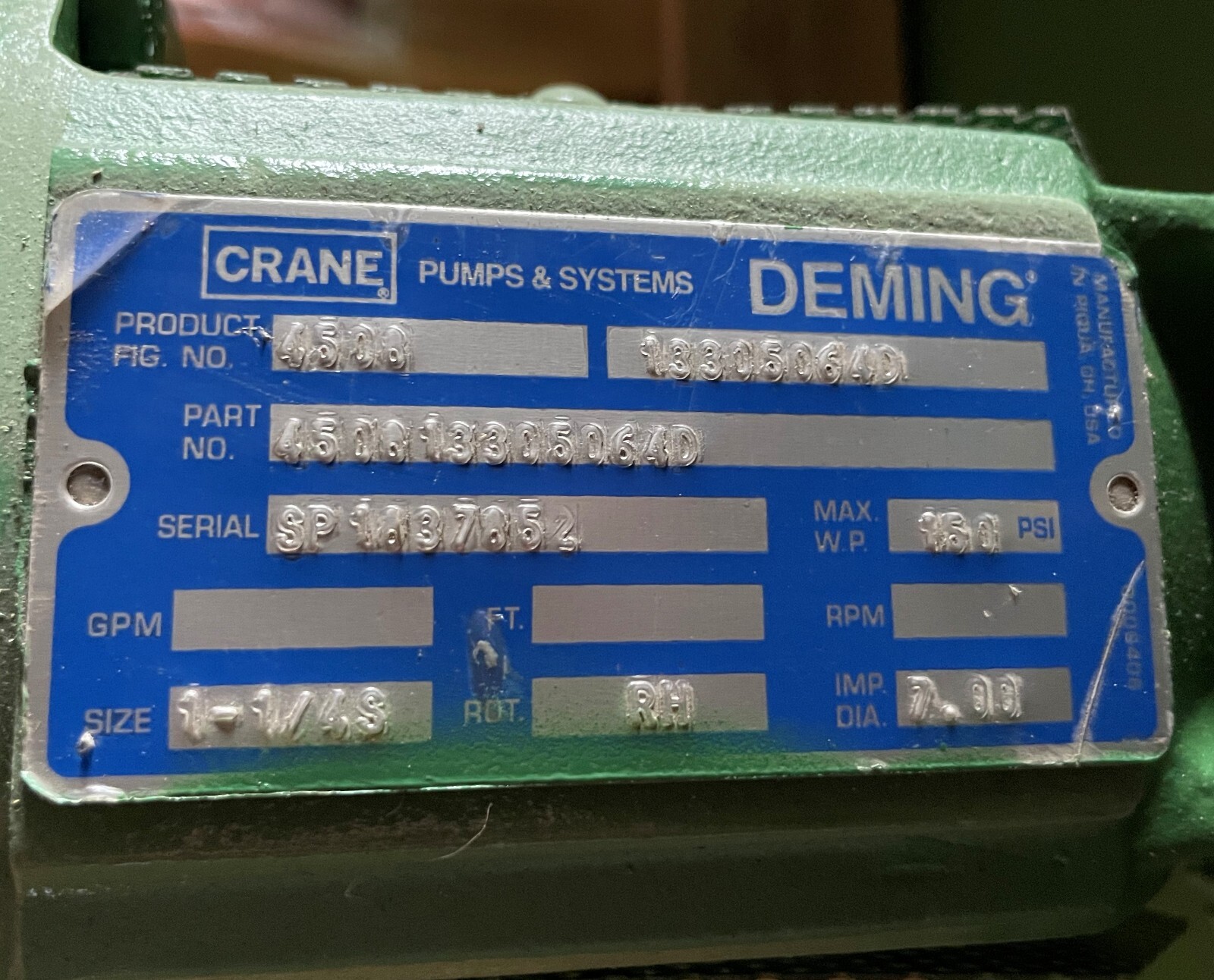 Sump Pump Deming 4508 Vertical 1-1/16 S 133050640 Imp Dia 7.00 1HP 1755RPM 208-2