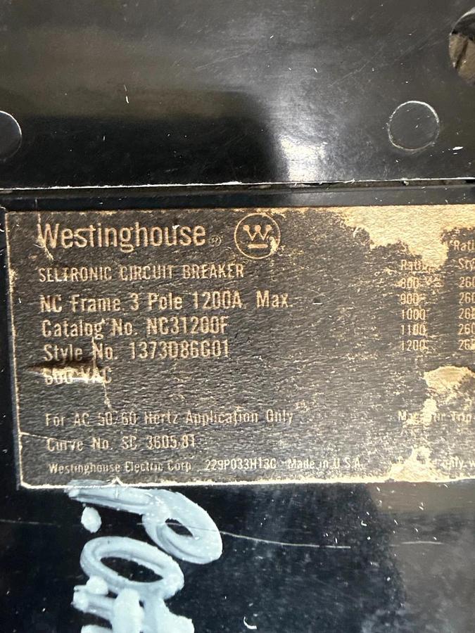 Refurbished WESTINGHOUSE SELTRONIC 1200 AMP 600 V BREAKER HNC31200F FRAME HNC 1200A 2YU1 2