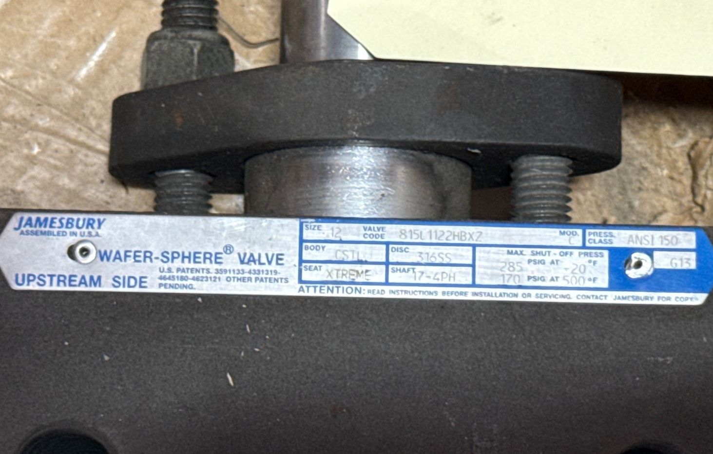 Used JAMESBURY WAFER-SPHERE DOUBLE-OFFSET 12" 150 LUG BUTTERFLY VALVE 2YJC MODEL 815L