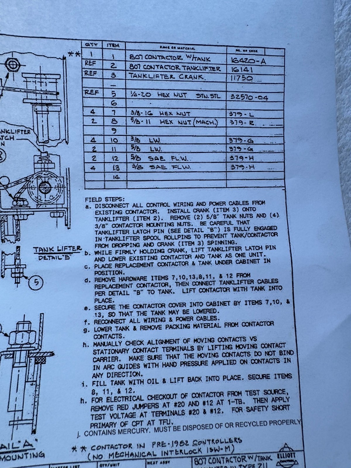 ELLIOTT 807 CONTACTOR XA10 W TANK TYPE 211