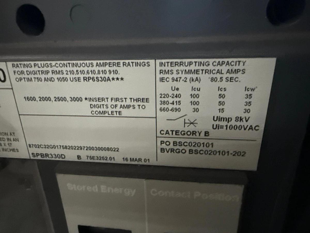 Refurbished BREAKER CUTLER-HAMMER SPB-100 MODEL SPBR330R 3000 AMP BREAKER 3000 AMP TRIP PLUG