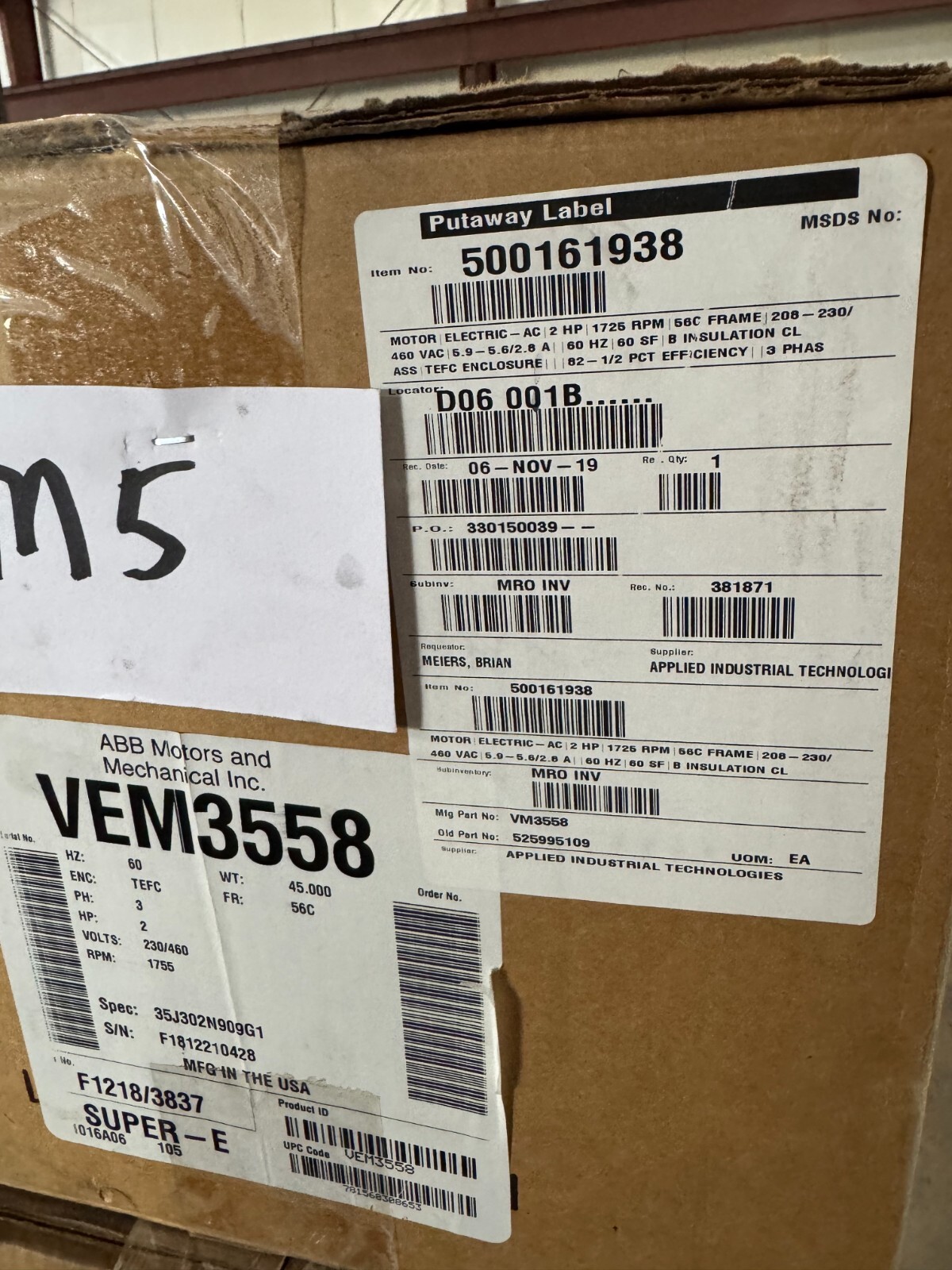 WEG MOTOR D1  1 1/2 HP  00158ET3E145TC-W22 1755RPM 208-230/460 V  3 PH FR145TC