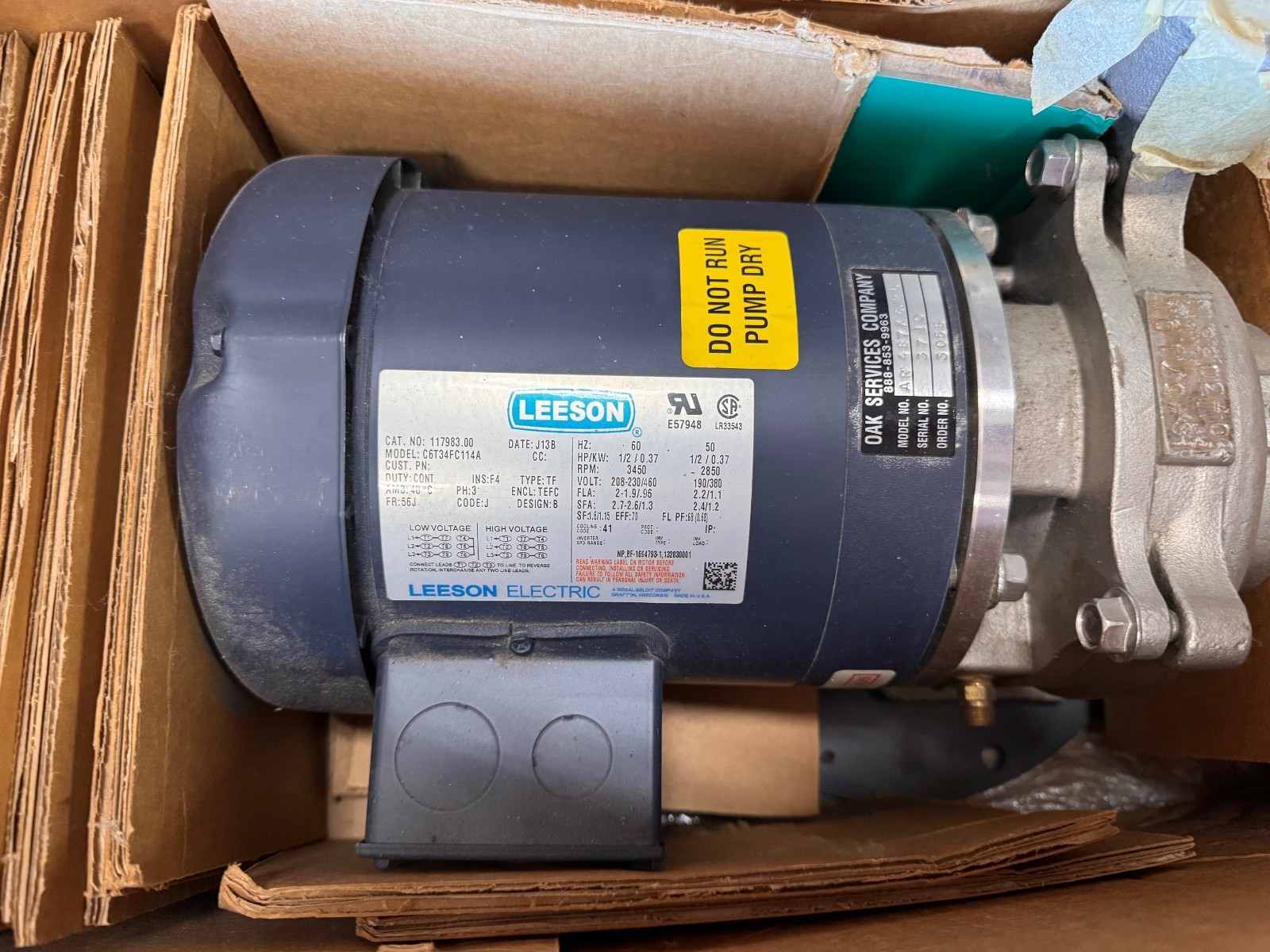 OAK SERVICES PUMP 11/2" X 2 AR 487X4.25 ZM4 1/2 HP  3450 RPM 208/230-460 3 PH