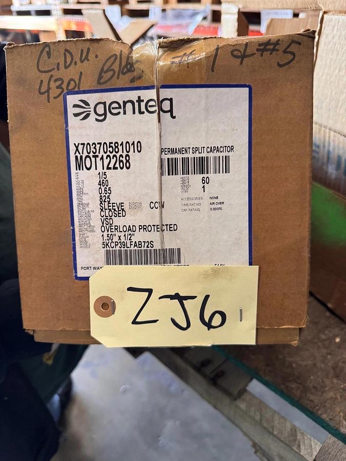 GENTEQ Motor 1/5 HP MODEL MOT12268 AB72S ZJ3 ZJ6 825 RPM 400/460 V . 65 AMP
