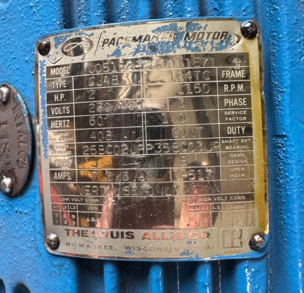 LOUIS ALLIS  PACEMAKER MOTOR VV3 2 HP MODEL CJ2B JO5152-260011E71 1150 RPM 230/4