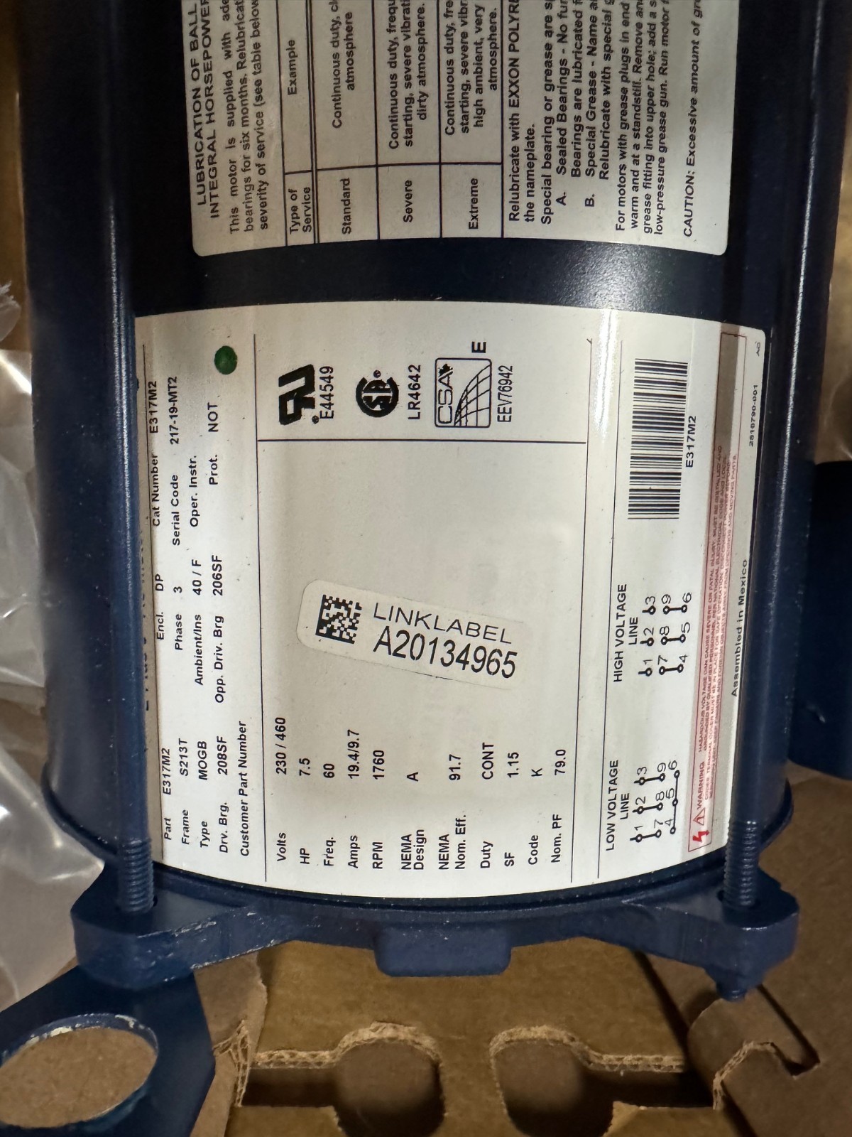 AO SMITH CENTRY E PLUS 3 Motor 7.5 HP MODEL E317M2 VA11A1 VA11C 760 RPM 230/460
