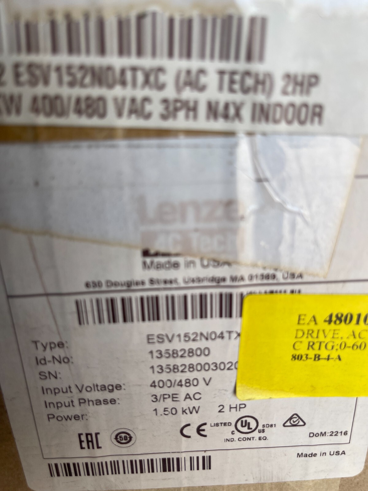AC MOTOR DRIVE 2 HP 3PH NEMA 400/480 V NX4 INDOORES LENZE AC TECH V152N04TXC