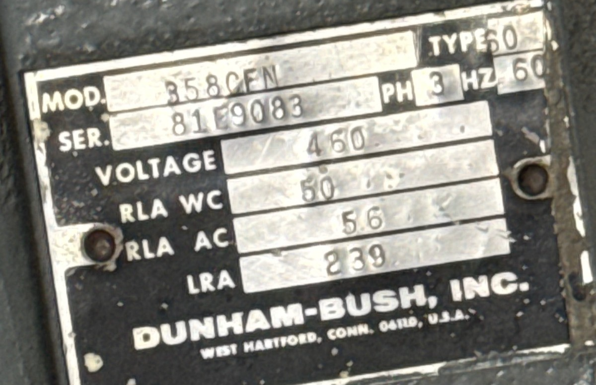 Refurbished DUNHAM-BUSH SEMI HERMETIC COMPRESSOR 2YF MODEL 358CFN TYPE 60 450 V 50 AMP 3 PH