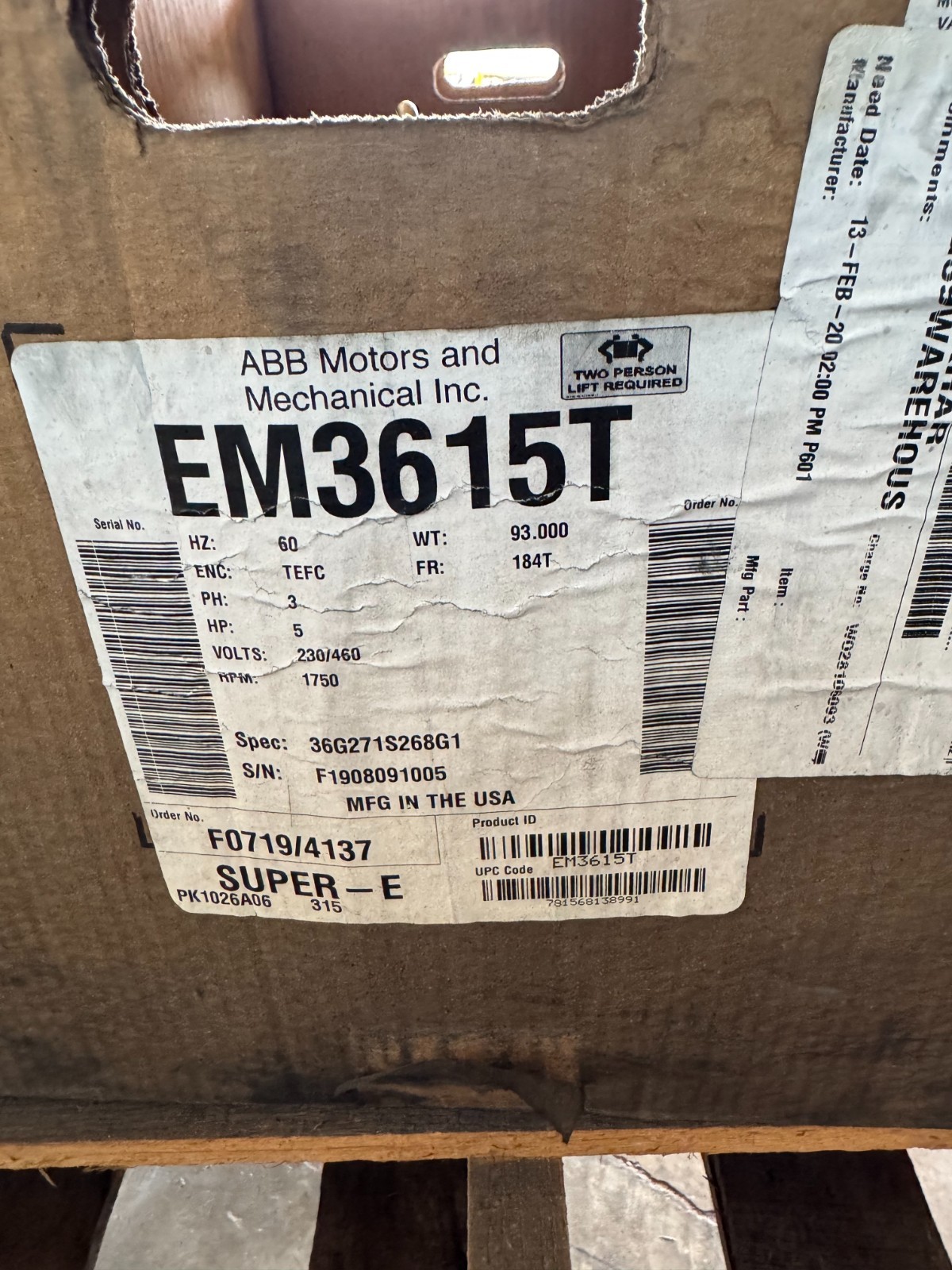 BALDOR SUPER E MOTOR XX2 5 HP MOD EM3615T 1750 RPM 230/460 V 3 PH 13.4/6.7  AMP