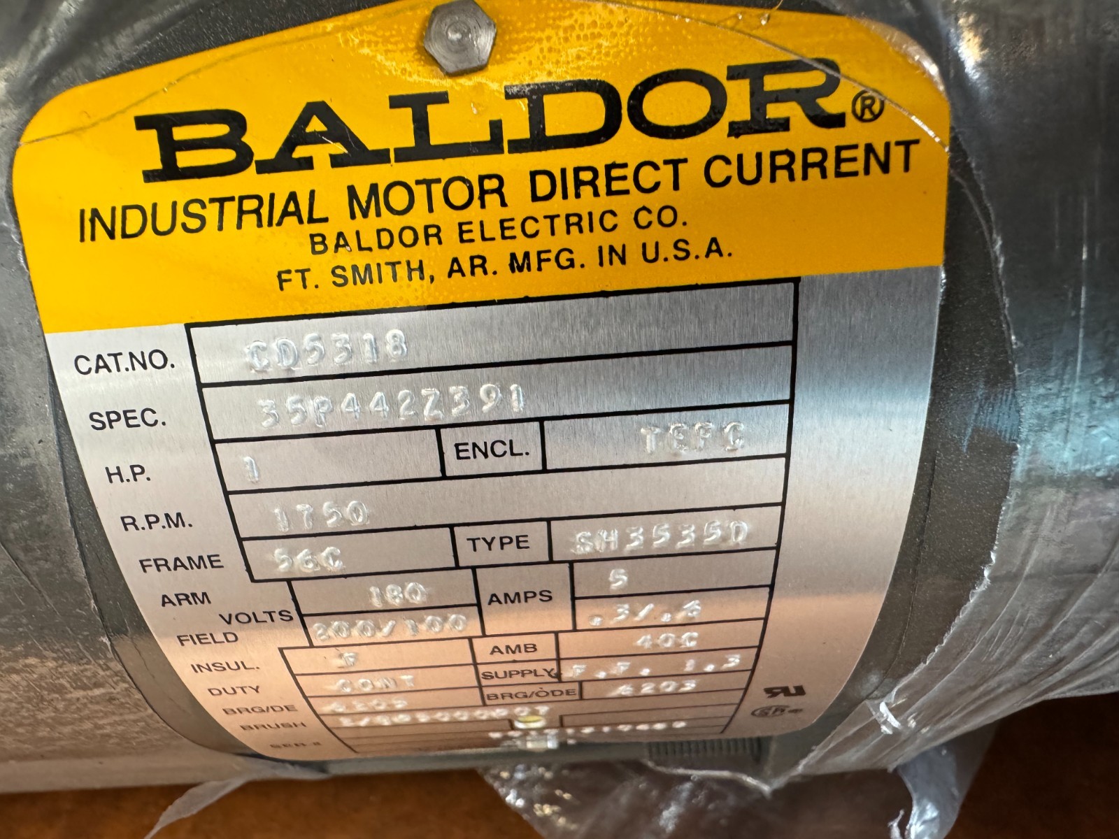 BALDOR DC MOTOR RR2 1 HP MODEL CD5318 1750 RPM 180 V 3 PH 5/.4  AMP FR 56C