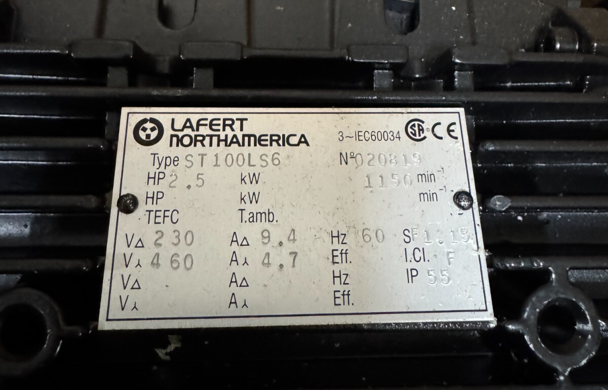 LAFERT MOTOR M1 2 1/2 HP MODEL ST100LS6 1200 RPM 208-230/460V 3 PH FR 1100L