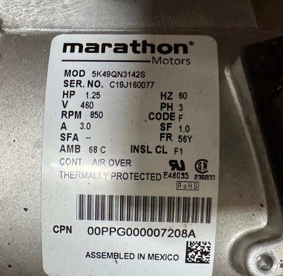 MARATHON Motor 1.25 HP MODEL 5K49QN3142S WA5B 850 RPM 460 V AMP 3 PH 3 AMP FRAME