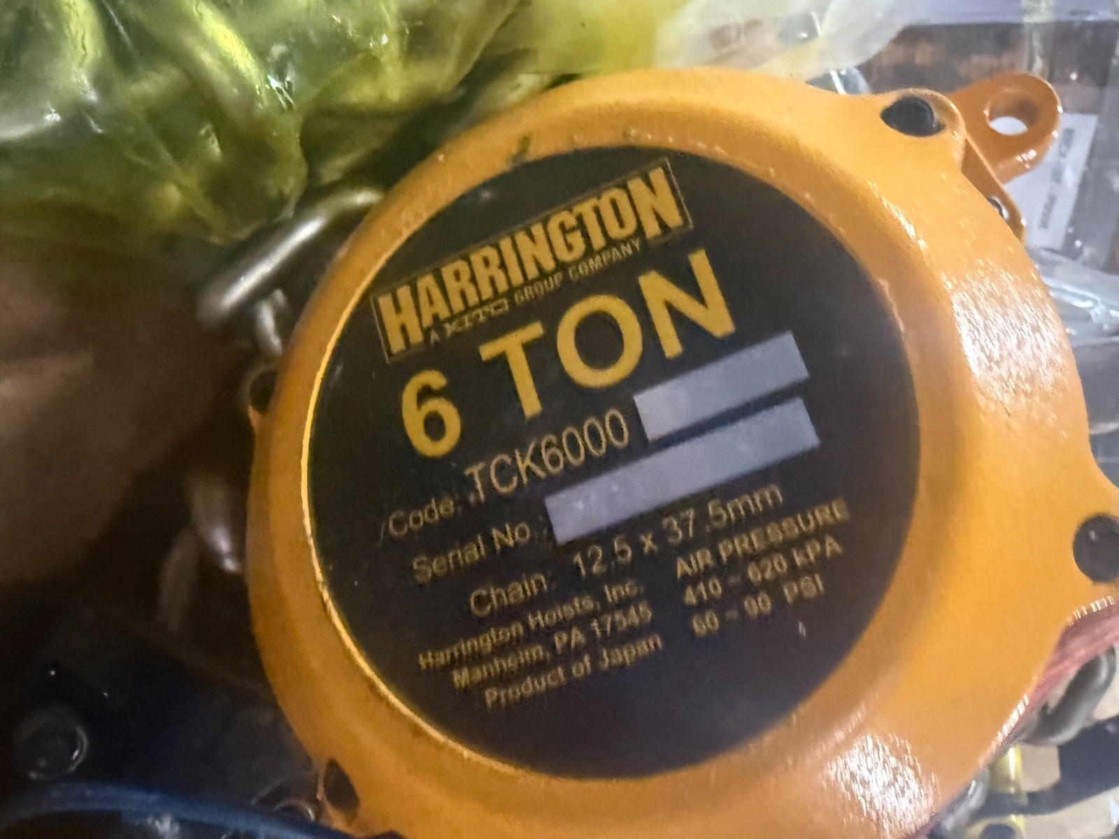 Used Harrington Pneumatic Hoist 6 Ton TCK6000-P2  WITH TROLLEY 2YQ2-7 2RY2