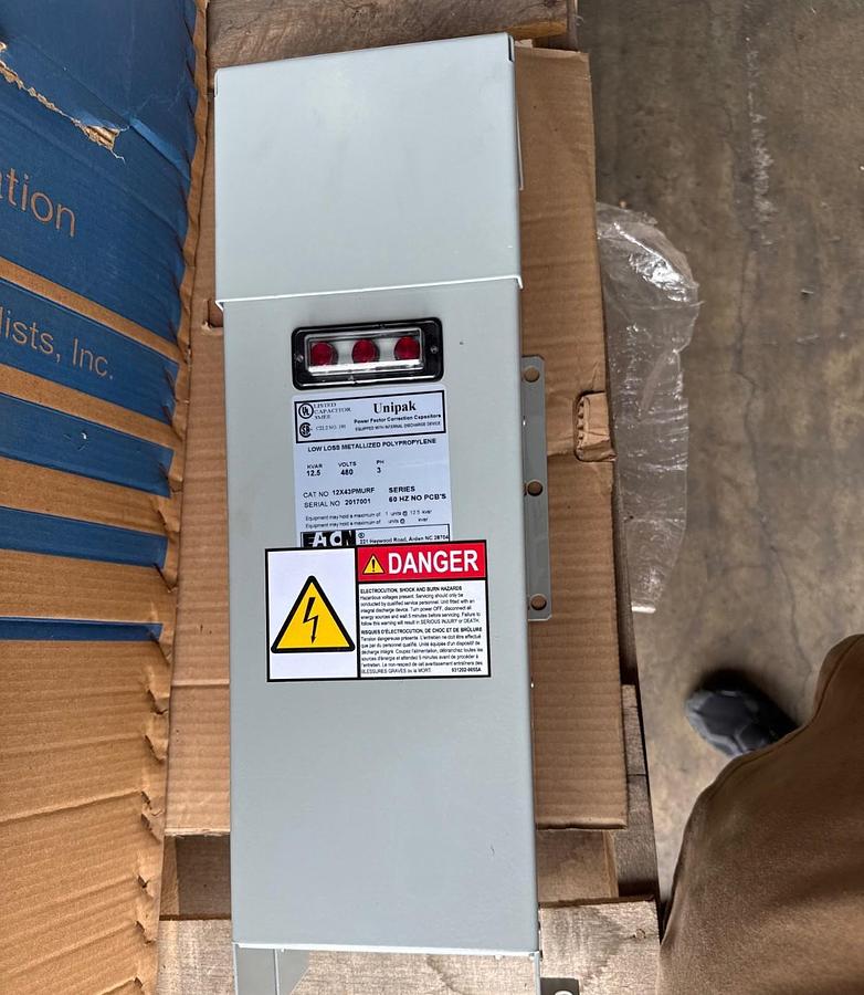 Used EATON UNIPACK FACTOR CORRECTION CAPACITOR MODEL 12X43PMURF 2XVB 60 HZ 12.5 KVAR