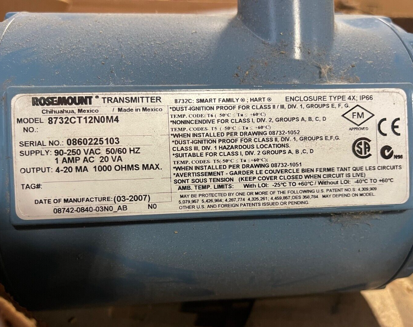 ROSEMOUNT TRANSMITTER 8732CT12N0M 4-250 V  1 AMP 20 VA OUTPUT 4-20 MA 1000 OHMS