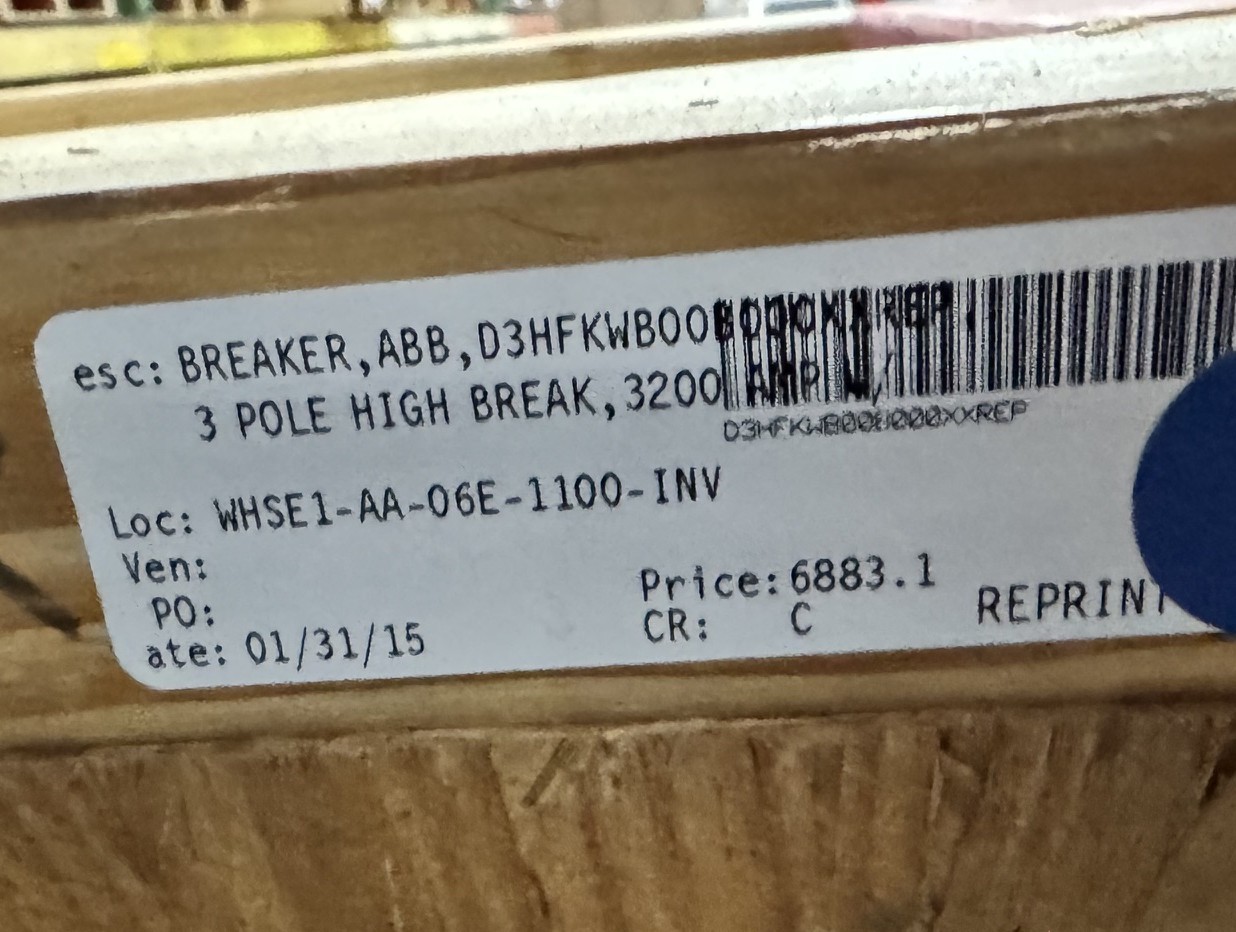 Refurbished ABB 3200 AMP HIGH BREAK AIR BREAKER  2YV4 MODEL SACE E3N 3 POLE 3200 AMP PLUG