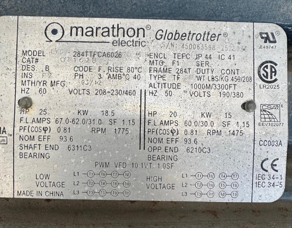 MARATHON GLOBETROTTER Motor 25 HP  284TTFCA6026 EX SEVERE DUTY VA3 208-230/460