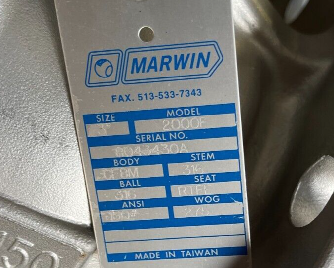 3" 150 LB RF FP BALL VALVE MARWIN 2000F 316 SS BODY & TRIM