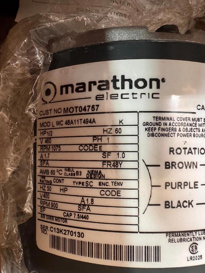 MARATHON Motor 1/2 HP MODEL MOT04767 LWC48A11T494 ZH3 ZL5 1075 RPM 460 V 1 PH