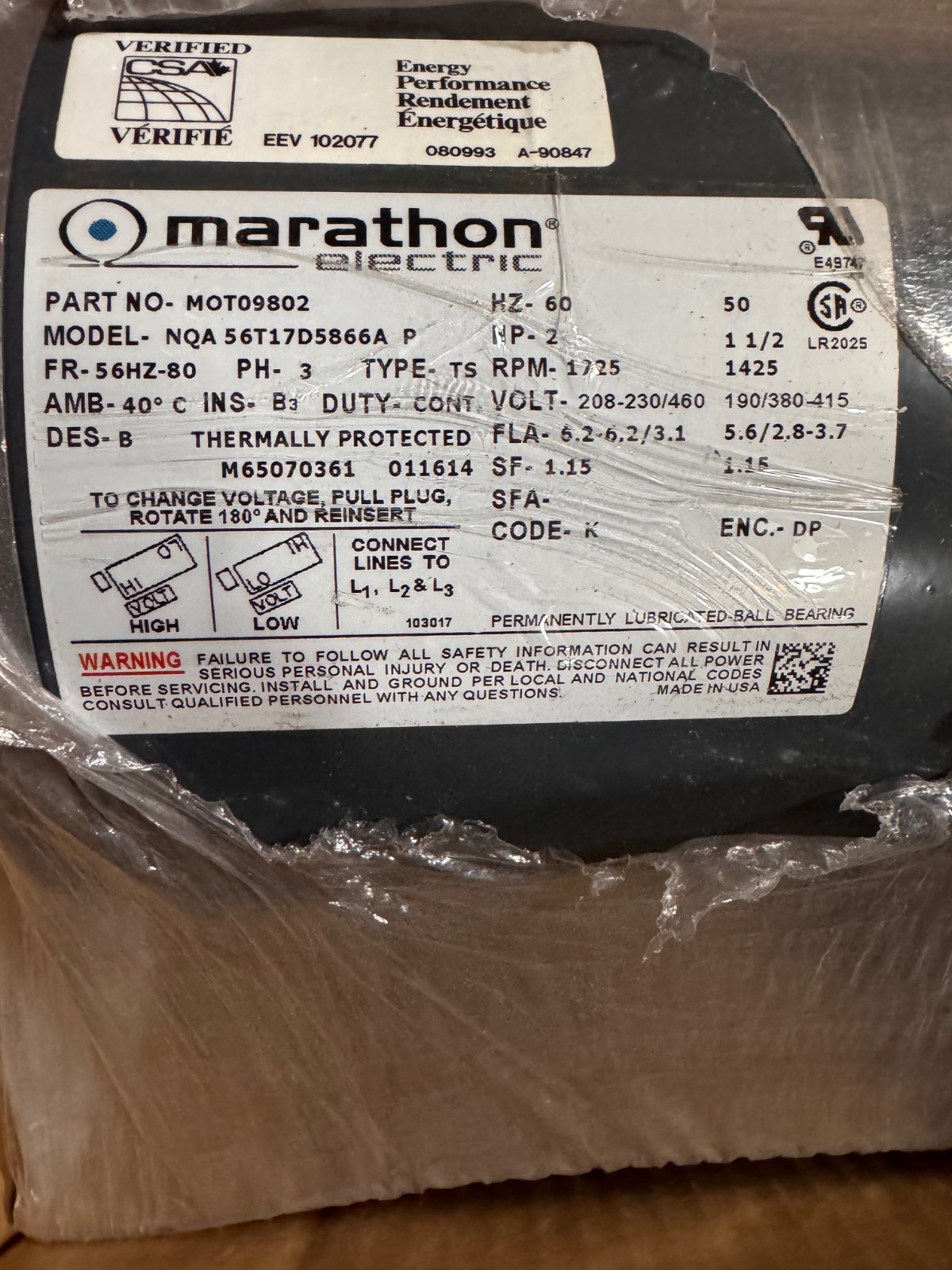 MARATHON Motor 2 HP MODEL MOT09802 NQA 56T1 ZF3A 1725 RPM 208/230-460 V 3 PH 6.2