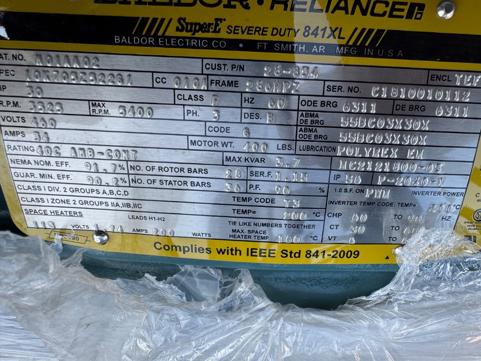 BALDOR SUPER E VERTICAL MOTOR XA18 30 HP MODEL M01AA02  3525 RPM 460 V 3 PH 34 A