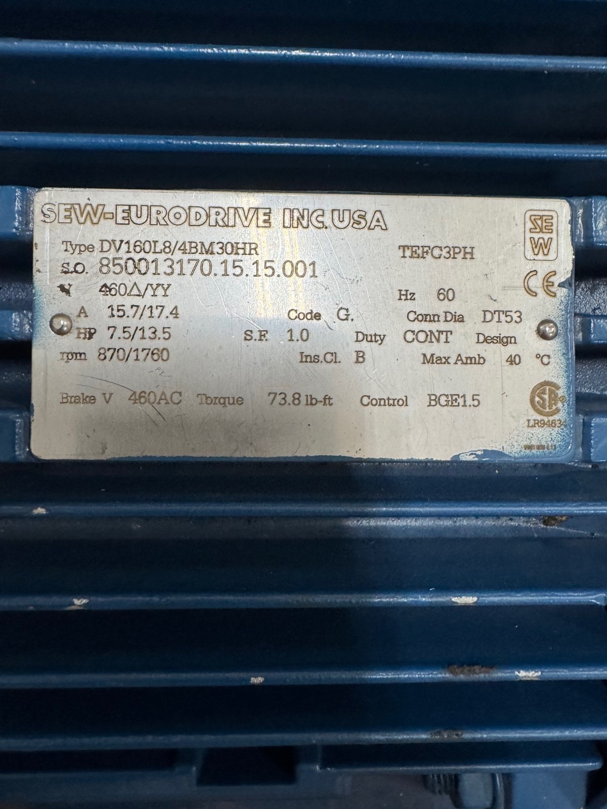 SEW-EURODRIVE MOTOR WITH BRAKE WA30 MOD DV160L8/4BM30HR 860/1760 RPM