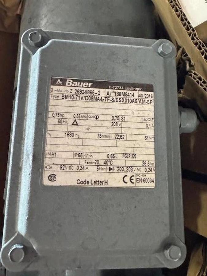 BAUER GEAR MOTOR WA7 WA8 MOD BM10-71V/D08MA4-TF 3/4 HP 1680 TO 75 RPM 208V